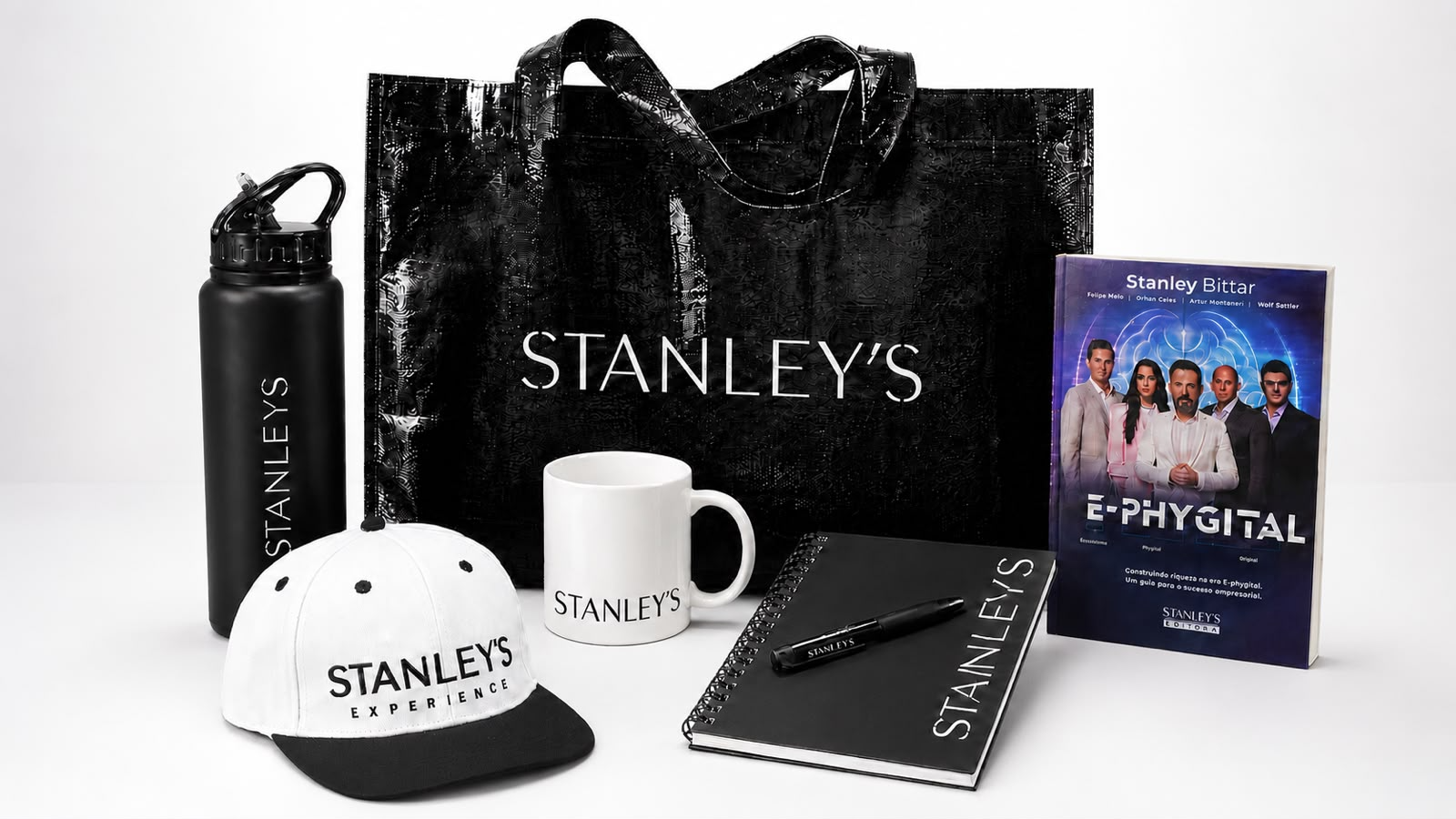 Kit Presencial Stanley's: sacola, garrafa, boné, caneca, caderno, caneta e livro