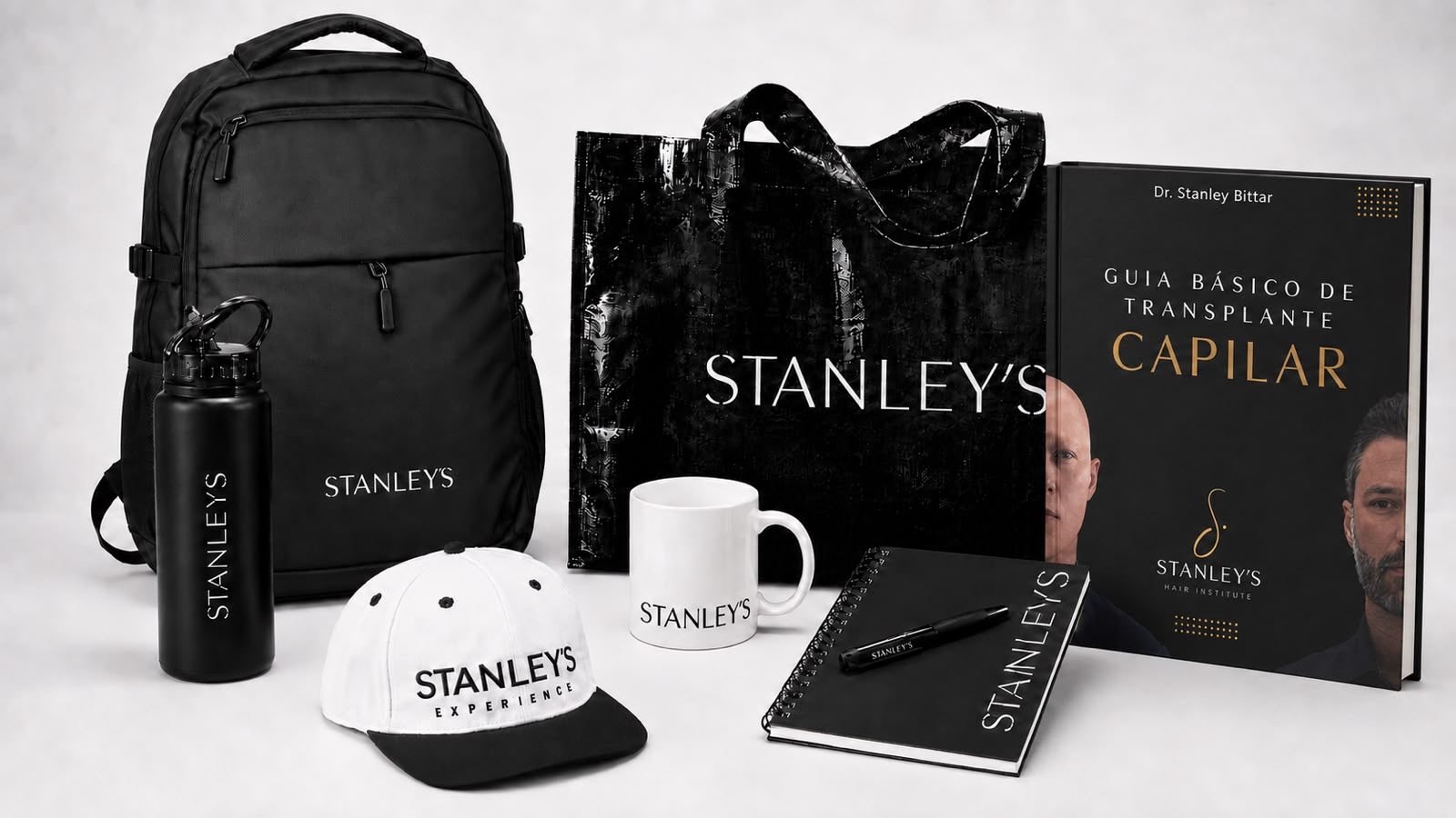 Kit VIP Stanley's: mochila, sacola, garrafa, boné, caneca, caderno, caneta e Guia Básico de Transplante Capilar