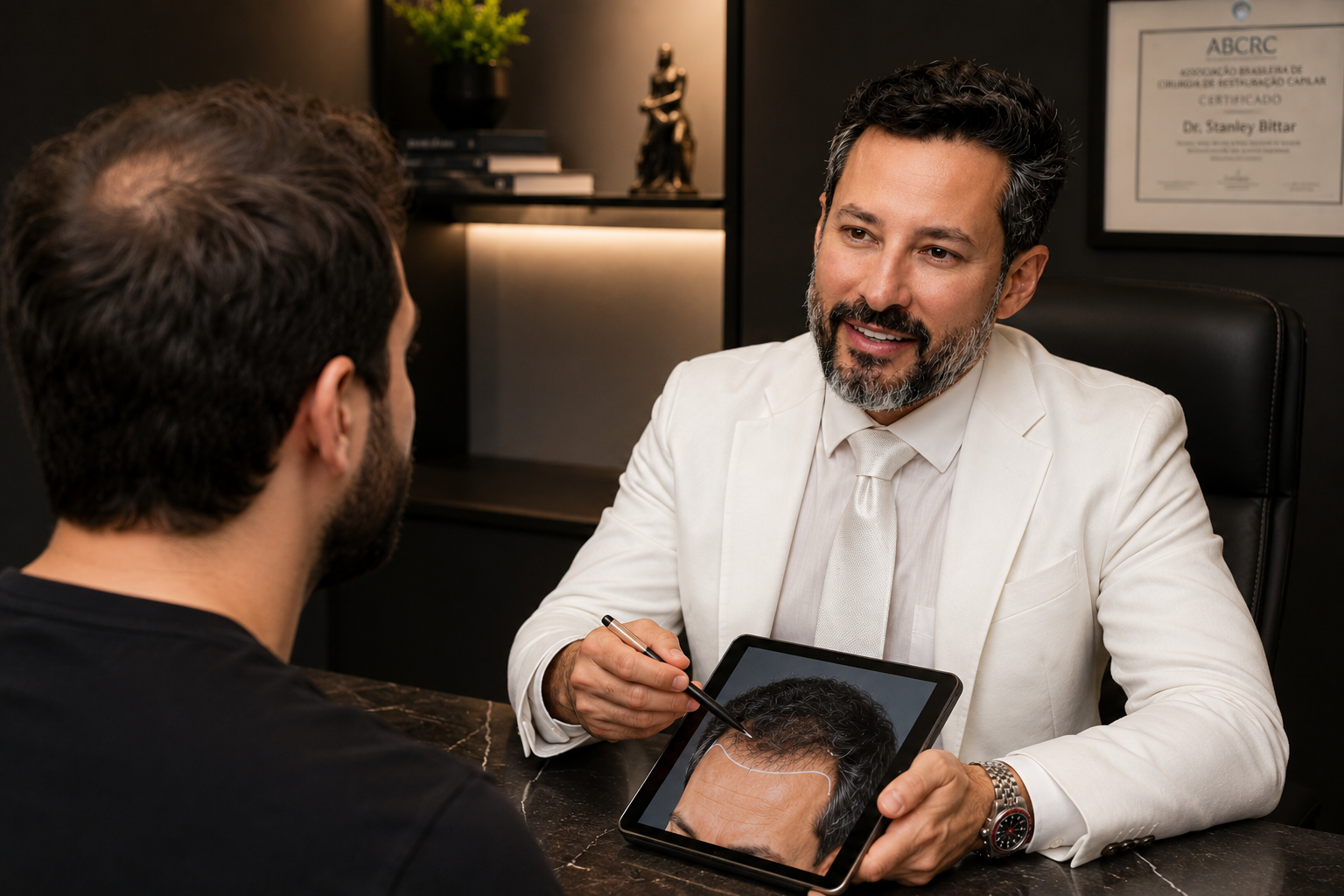 Dr. Stanley Bittar em avaliação e planejamento com tablet
