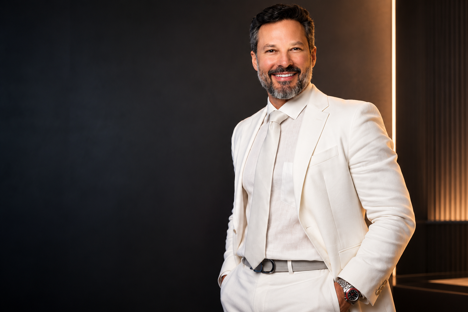 Dr. Stanley Bittar em retrato editorial, terno claro, luz quente lateral